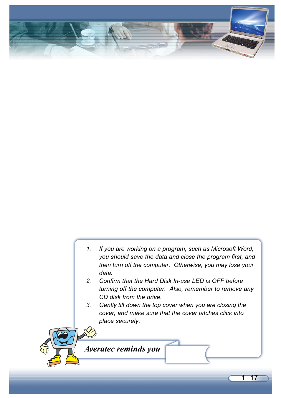 Averatec reminds you | AVERATEC 6200 Series User Manual | Page 27 / 93