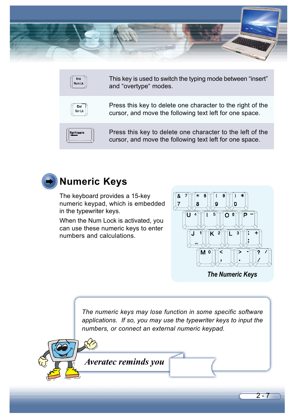 Numeric keys, Averatec reminds you | AVERATEC 6200 Series User Manual | Page 34 / 93