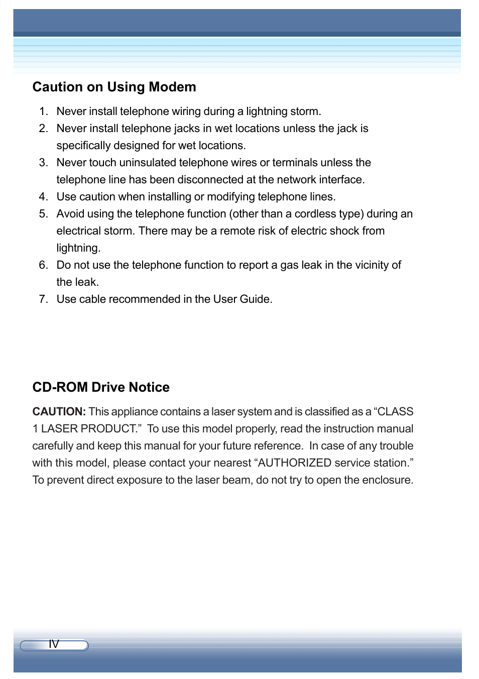 Caution on using modem, Cd-rom drive notice | AVERATEC 6200 Series User Manual | Page 4 / 93