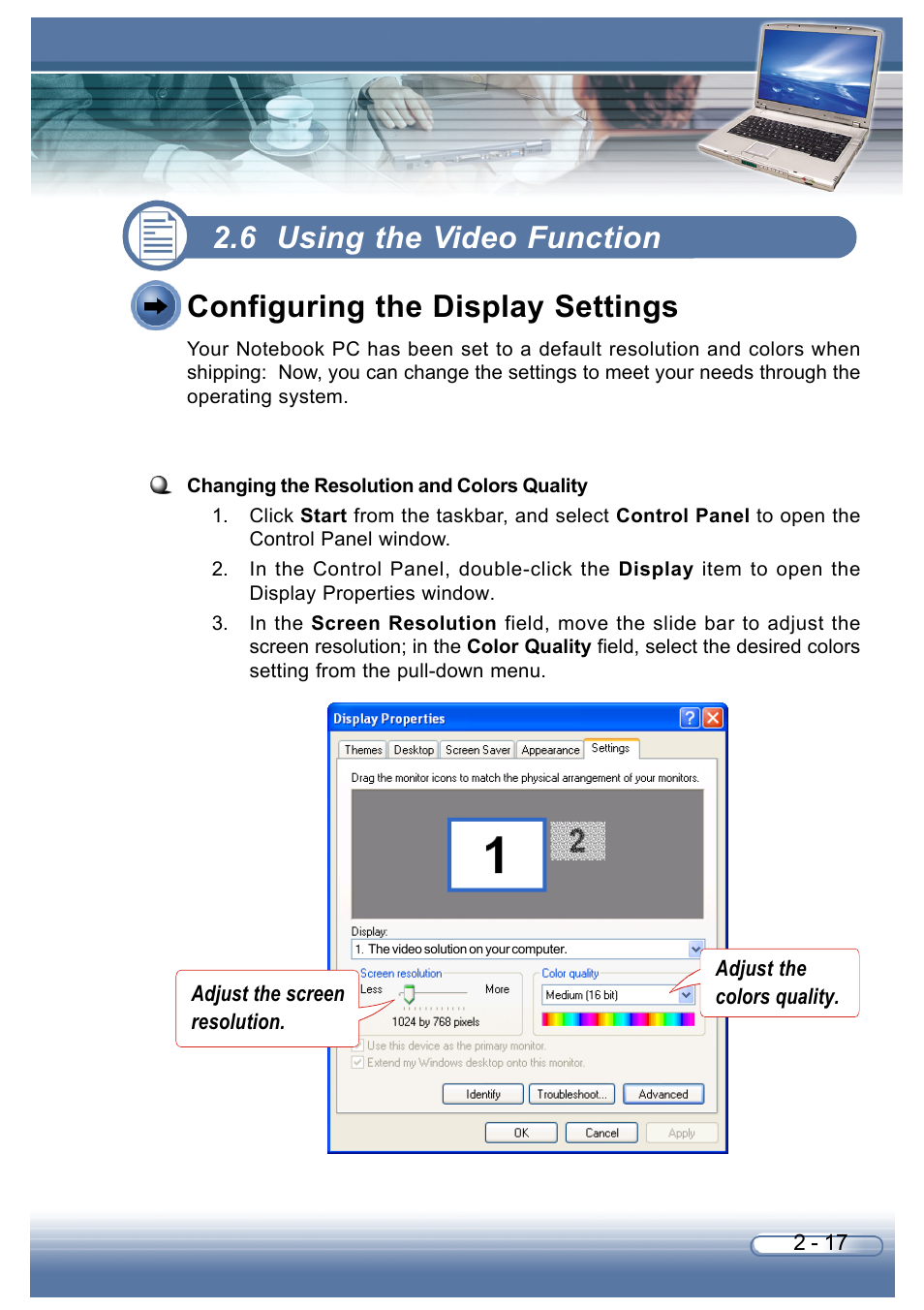 6 using the video function, Configuring the display settings | AVERATEC 6200 Series User Manual | Page 44 / 93