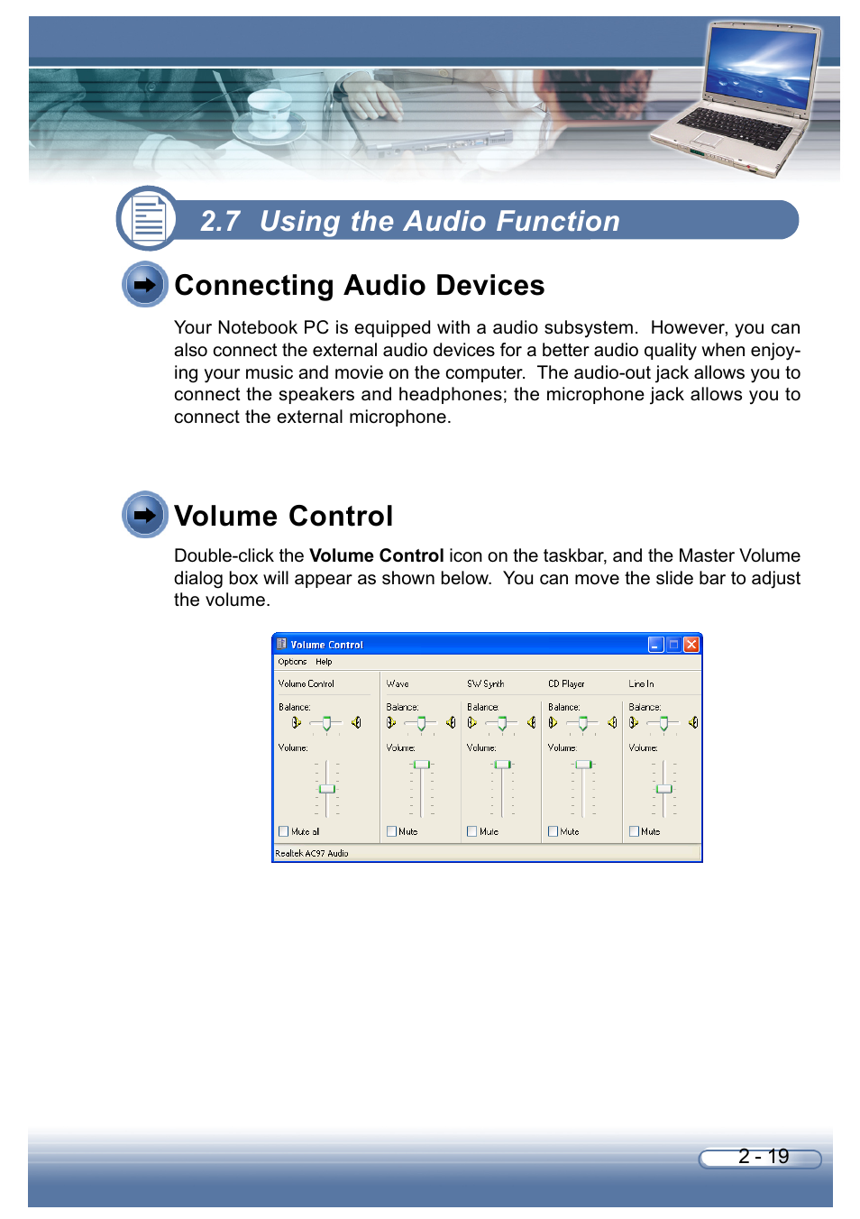 7 using the audio function, Connecting audio devices, Volume control | AVERATEC 6200 Series User Manual | Page 46 / 93