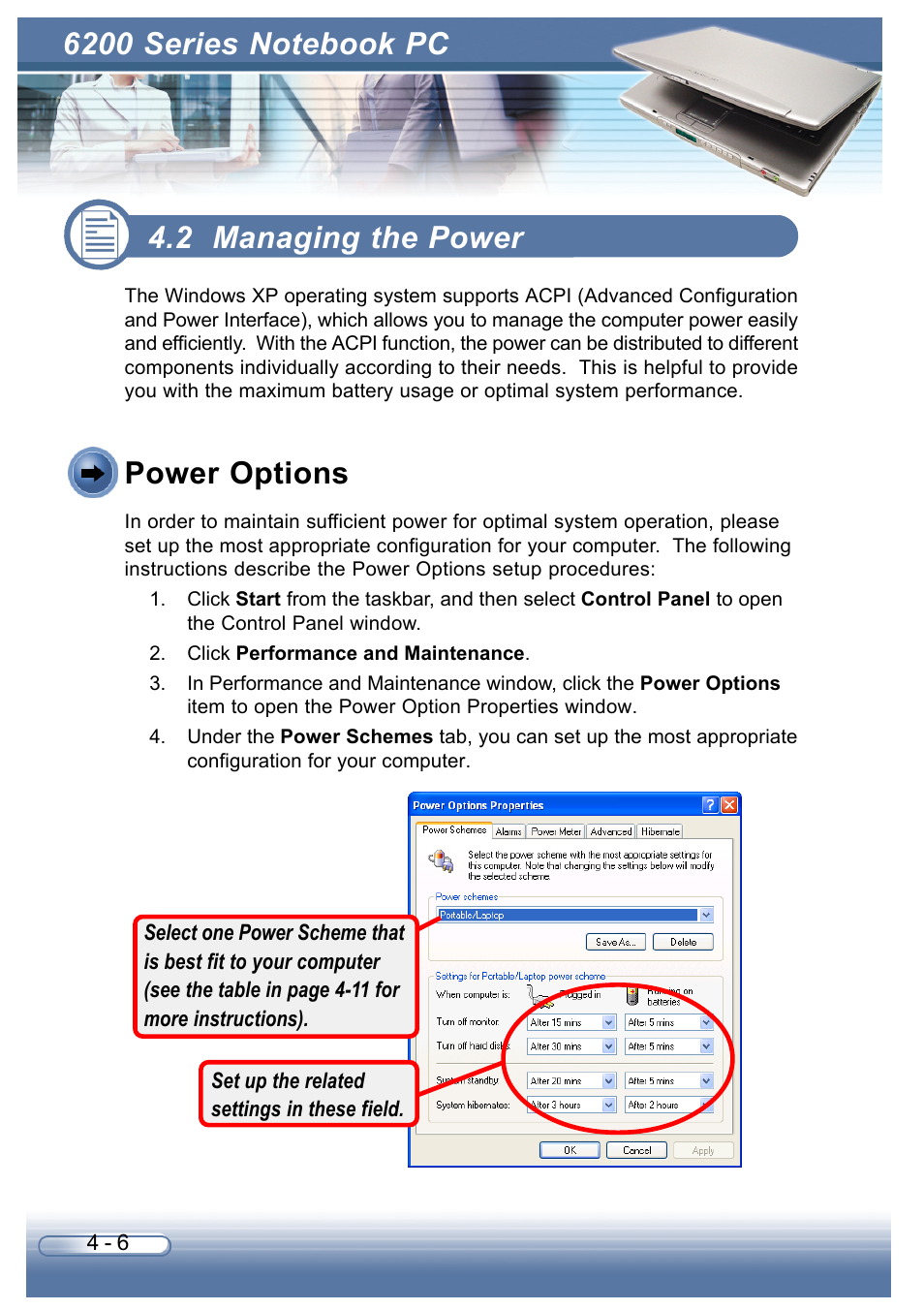 2 managing the power, Power options | AVERATEC 6200 Series User Manual | Page 59 / 93