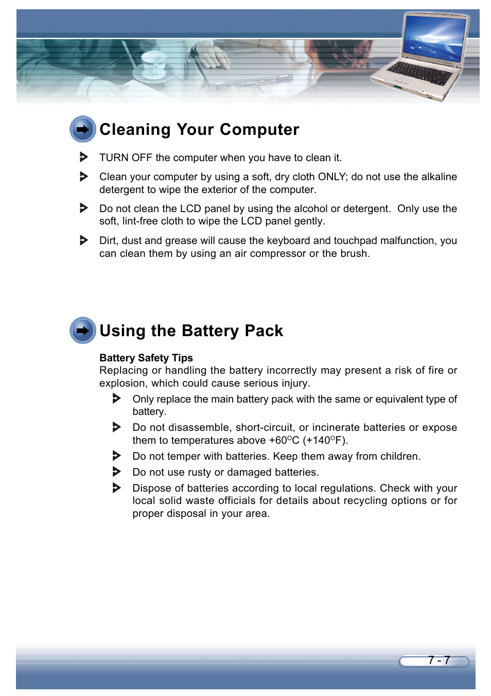 Cleaning your computer, Using the battery pack | AVERATEC 6200 Series User Manual | Page 91 / 93