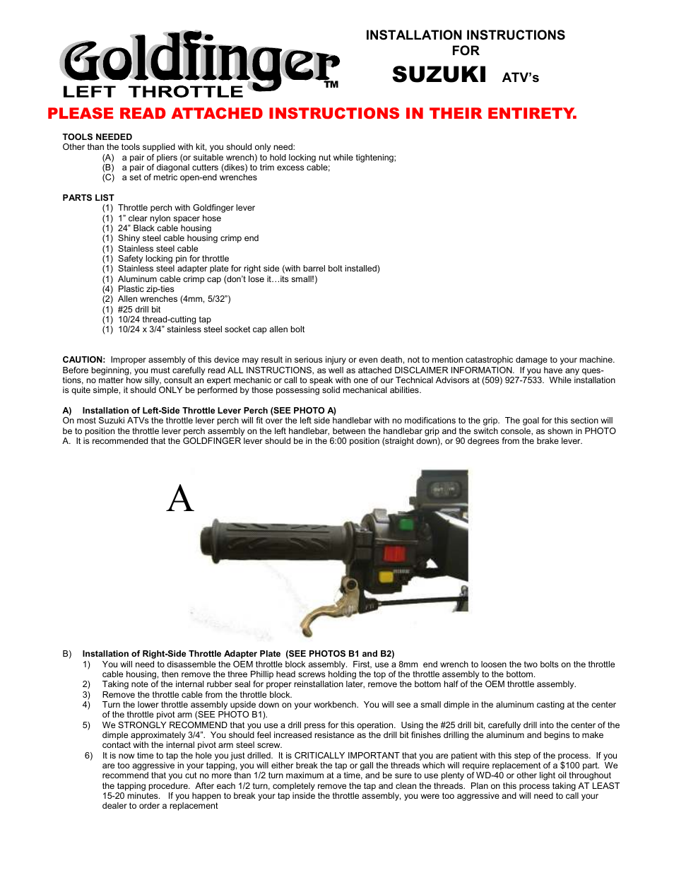 Full Throttle Yamaha 007-1051 User Manual | 4 pages