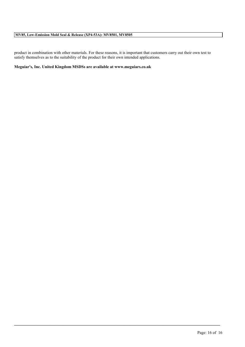 MEGUIAR'S MV85 User Manual | Page 16 / 16