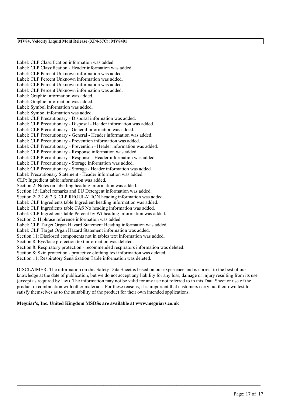 MEGUIAR'S MV84 User Manual | Page 17 / 17
