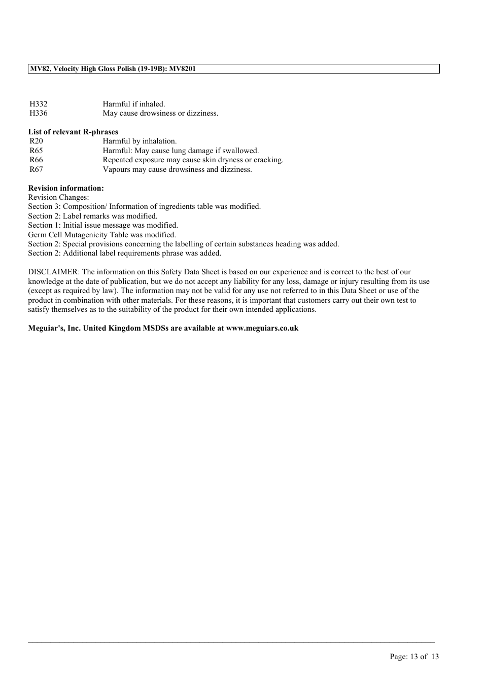 MEGUIAR'S MV82 User Manual | Page 13 / 13