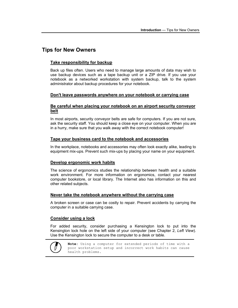 Tips for new owners, Take responsibility for backup, Develop ergonomic work habits | Consider using a lock | AVERATEC 3200 User Manual | Page 10 / 59