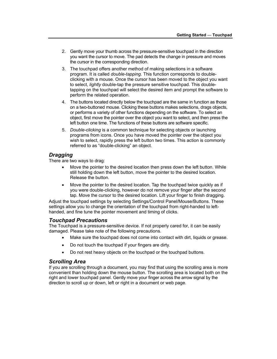 Dragging, Touchpad precautions, Scrolling area | AVERATEC 3200 User Manual | Page 19 / 59