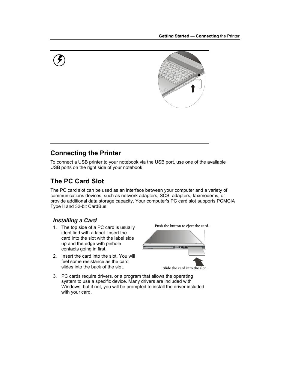 Connecting the printer, The pc card slot, Installing a card | AVERATEC 3200 User Manual | Page 22 / 59