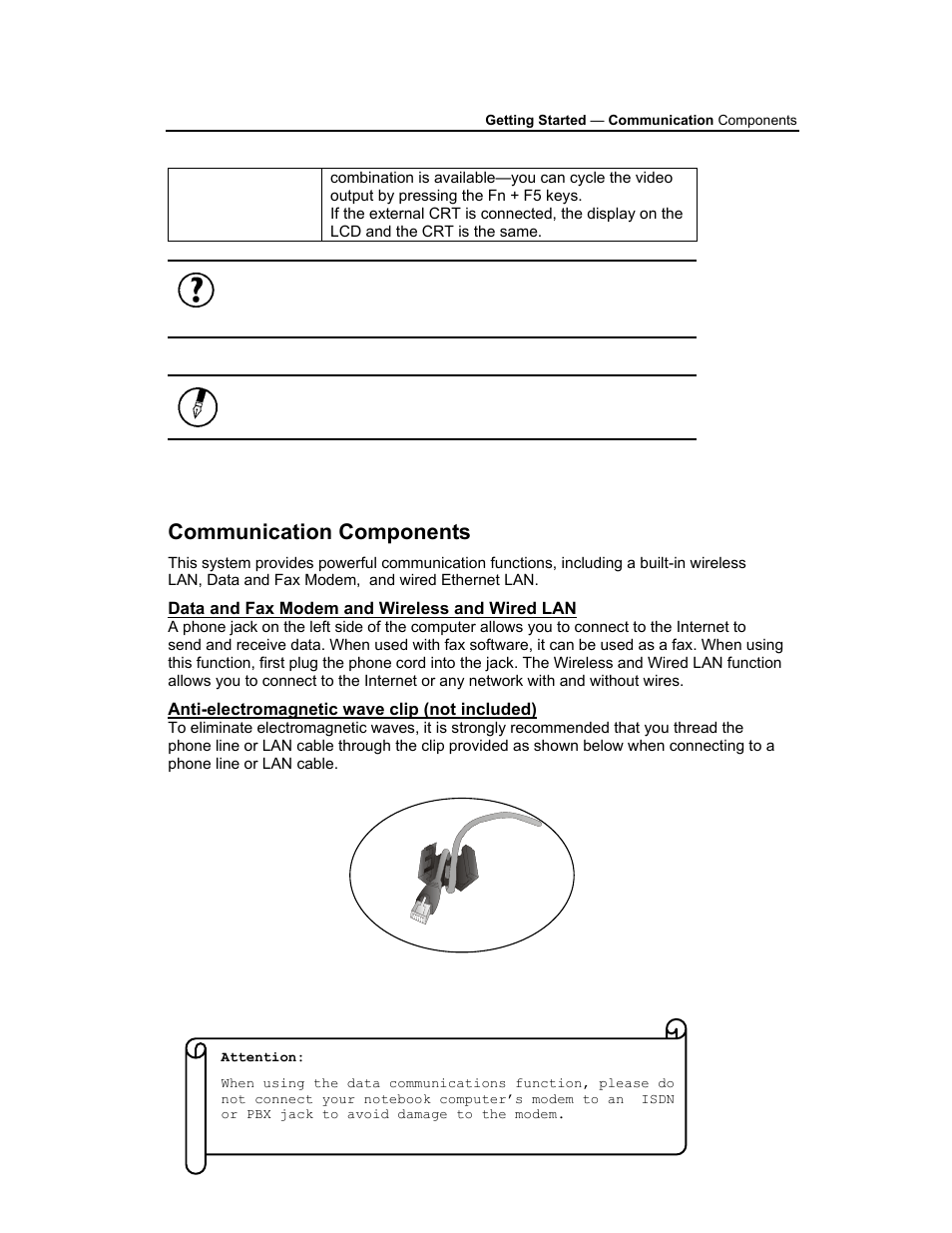 Communication components, Data and fax modem and wireless and wired lan, Anti-electromagnetic wave clip (not included) | AVERATEC 3200 User Manual | Page 27 / 59