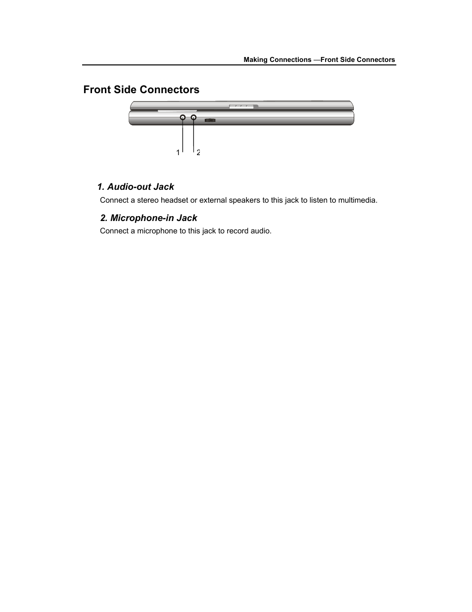 Front side connectors, Audio-out jack, Microphone-in jack | AVERATEC 3200 User Manual | Page 31 / 59