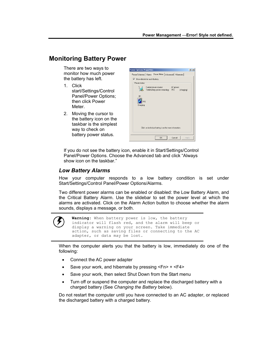 Monitoring battery power, Low battery alarms | AVERATEC 3200 User Manual | Page 36 / 59