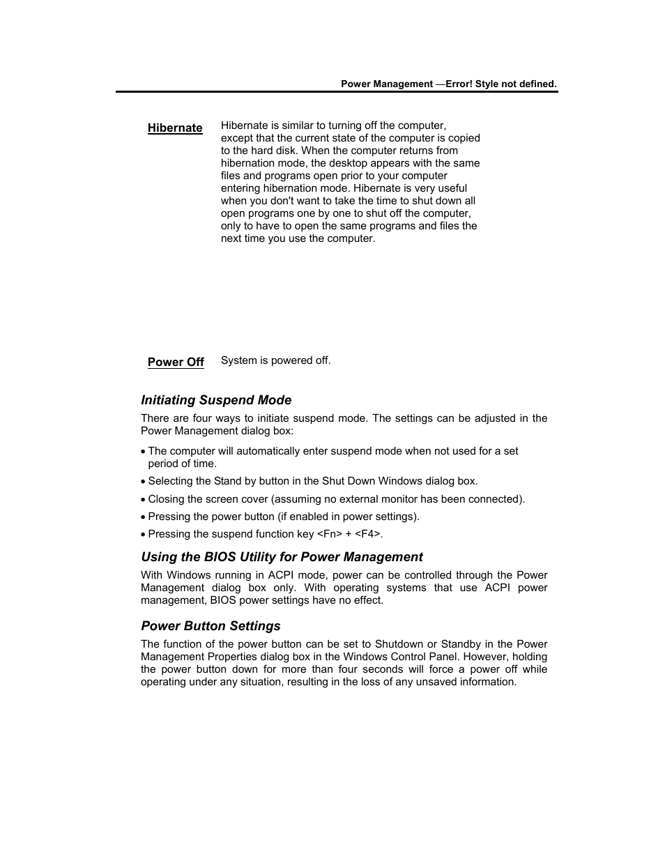 Initiating suspend mode, Using the bios utility for power management, Power button settings | AVERATEC 3200 User Manual | Page 38 / 59