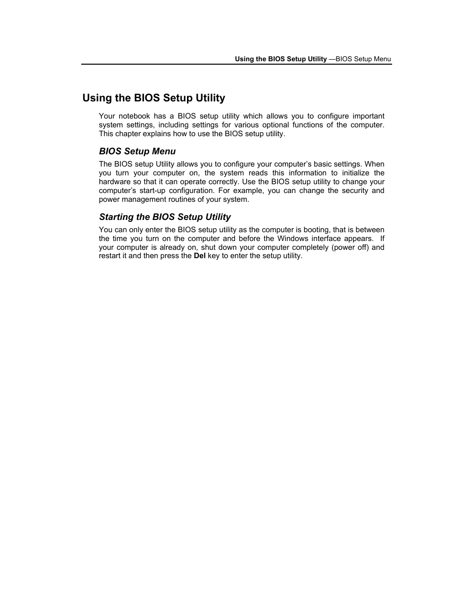 Using the bios setup utility, Bios setup menu, Starting the bios setup utility | AVERATEC 3200 User Manual | Page 41 / 59