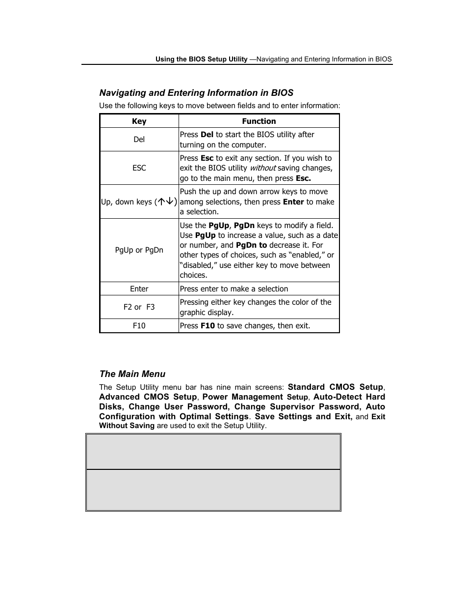 Navigating and entering information in bios, The main menu | AVERATEC 3200 User Manual | Page 42 / 59