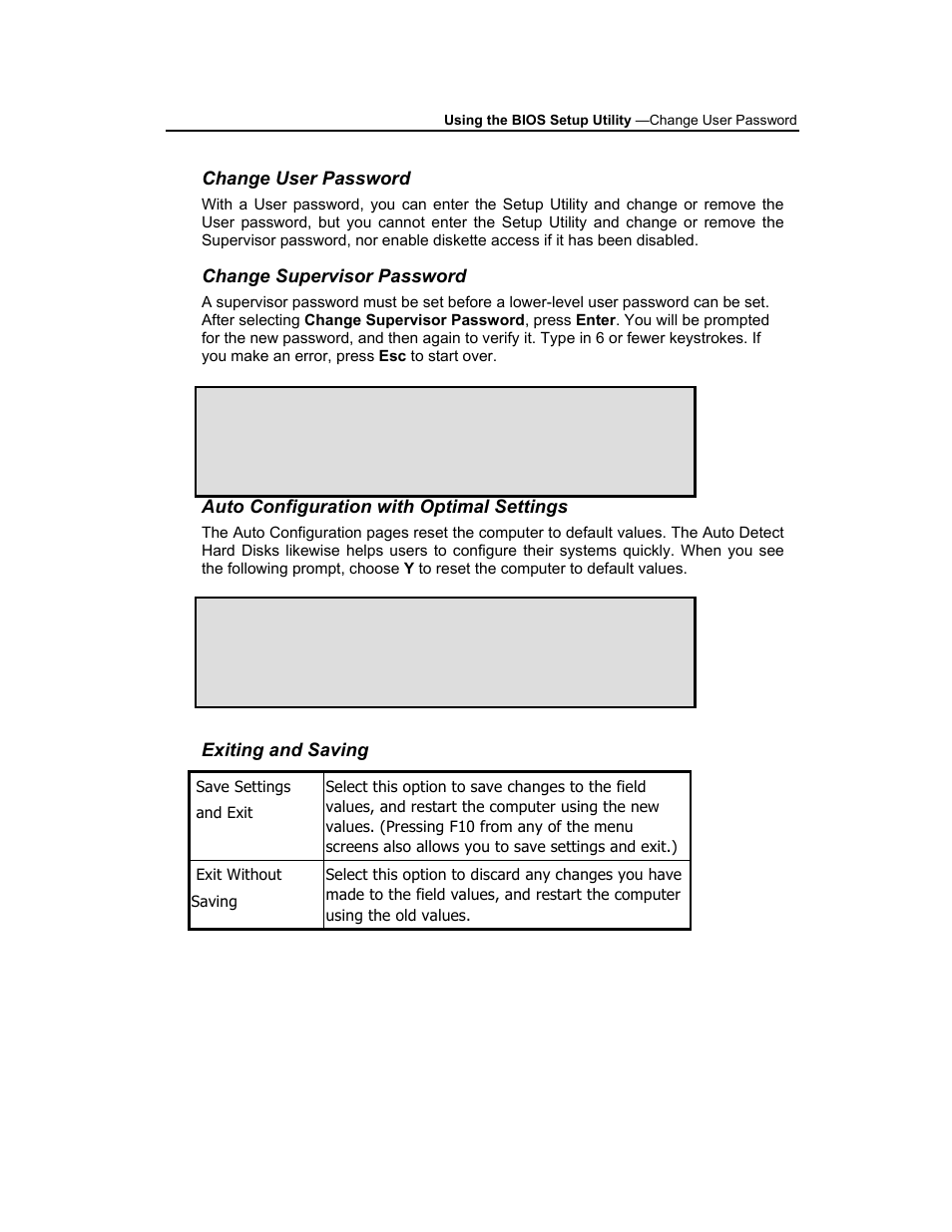 Change user password, Change supervisor password, Auto configuration with optimal settings | Exiting and saving | AVERATEC 3200 User Manual | Page 50 / 59