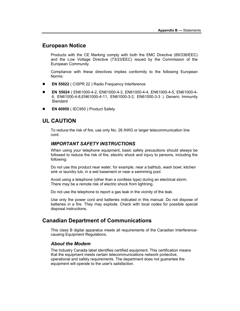 European notice, Ul caution, Important safety instructions | Canadian department of communications, About the modem | AVERATEC 3200 User Manual | Page 57 / 59