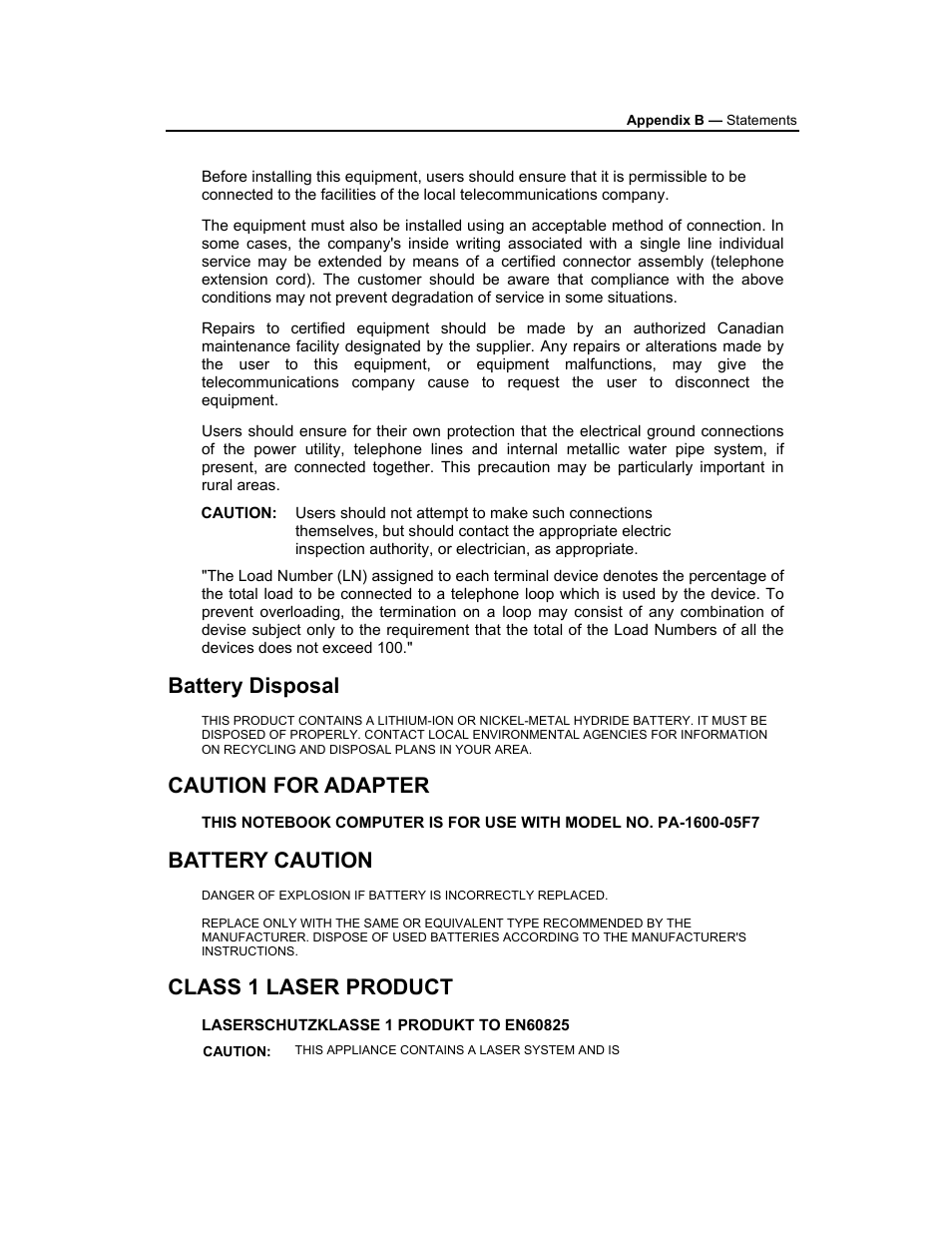 Battery disposal, Caution for adapter, Battery caution | Class 1 laser product, Laserschutzklasse 1 produkt to en60825 | AVERATEC 3200 User Manual | Page 58 / 59