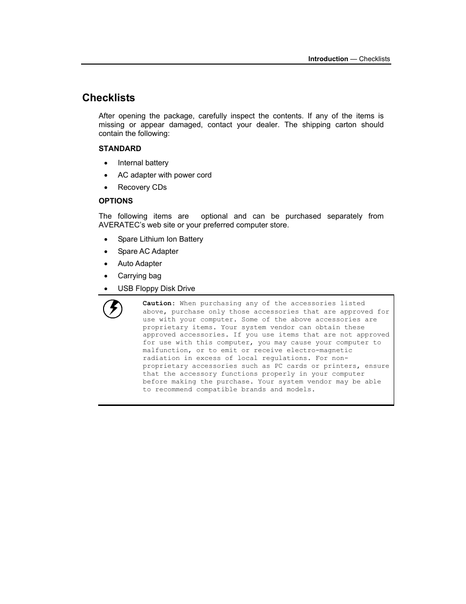 Checklists, Standard, Options | AVERATEC 3200 User Manual | Page 6 / 59