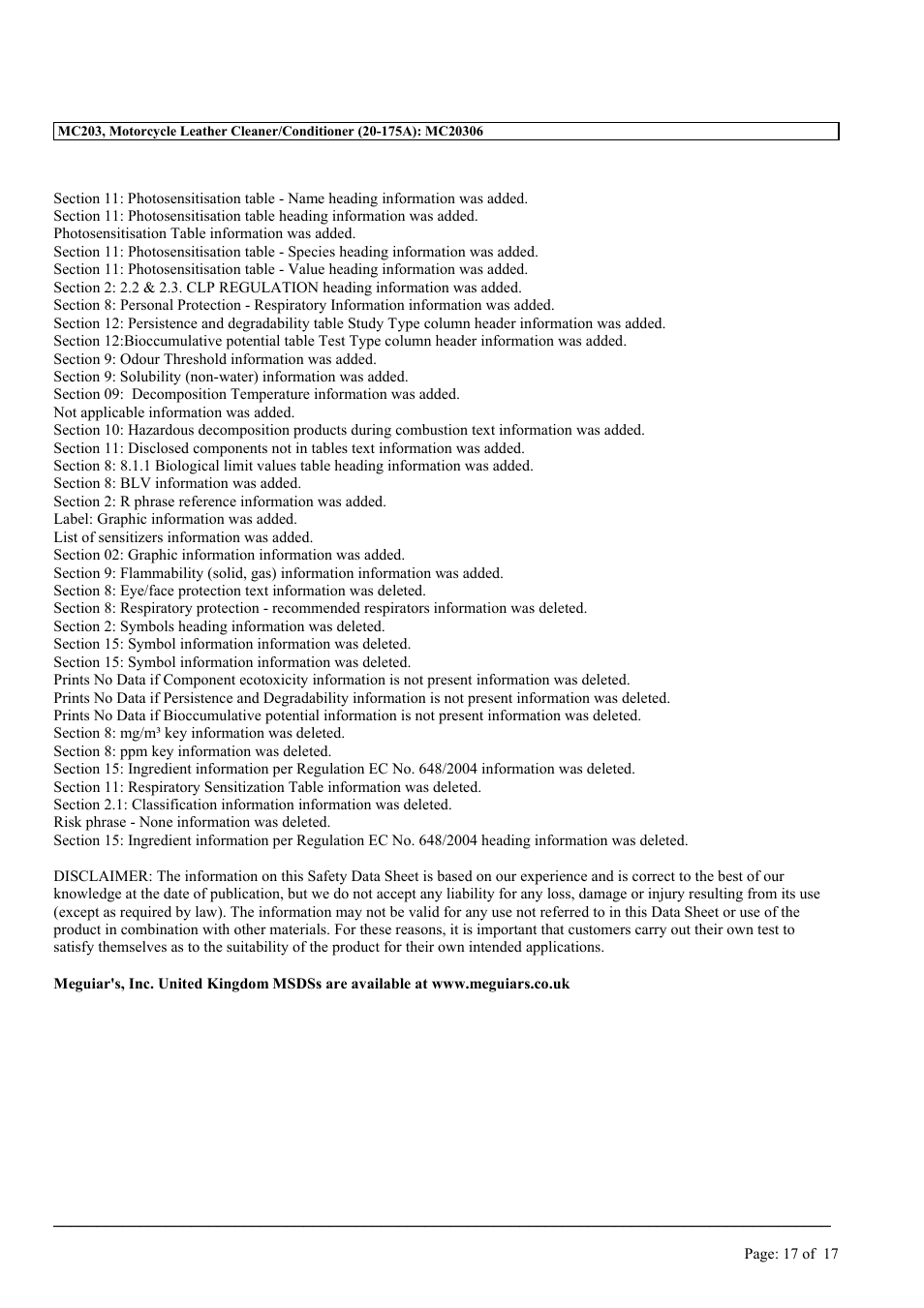 MEGUIAR'S MC203 User Manual | Page 17 / 17