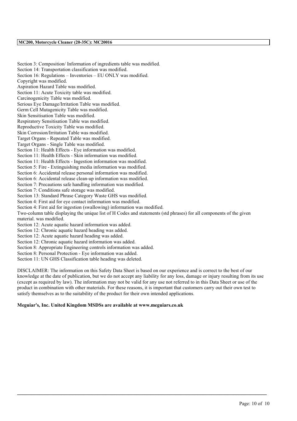 MEGUIAR'S MC200 User Manual | Page 10 / 10