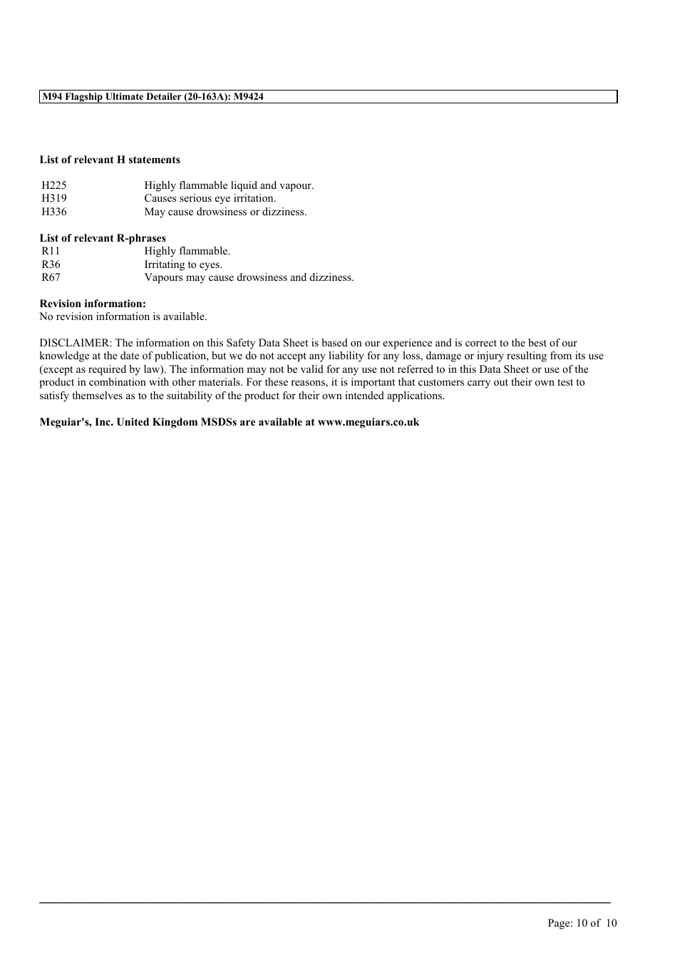 MEGUIAR'S M94 User Manual | Page 10 / 10