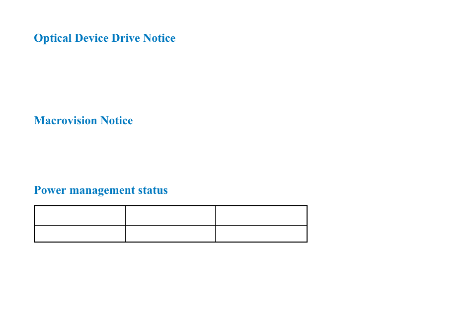 Optical device drive notice macrovision notice, Power management status | AVERATEC N3400 User Manual | Page 5 / 87