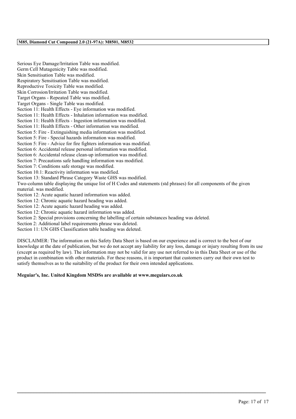 MEGUIAR'S M85 User Manual | Page 17 / 17