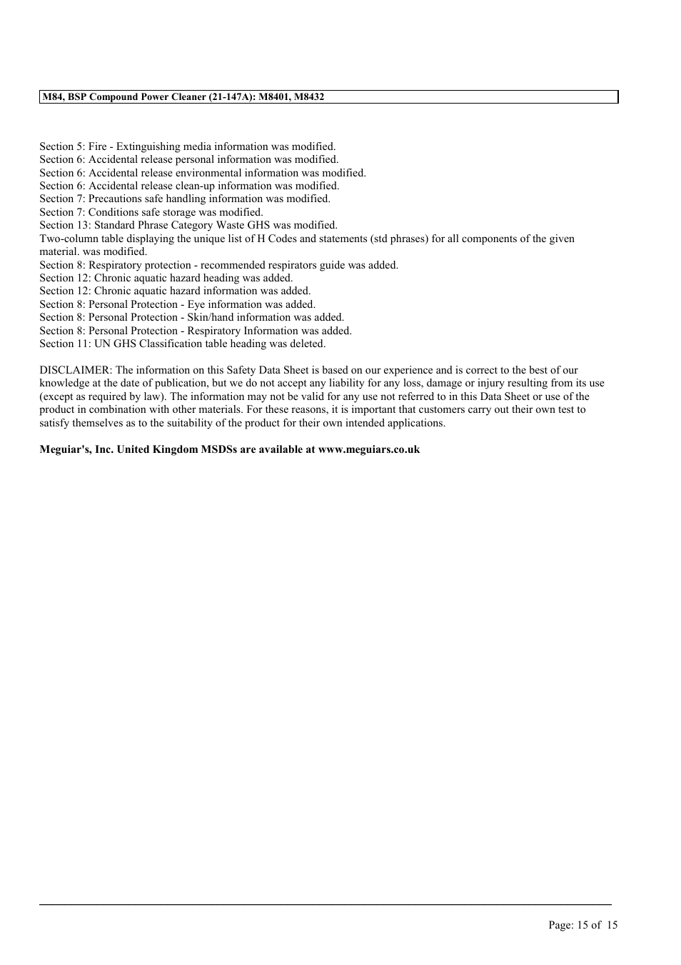 MEGUIAR'S M84 User Manual | Page 15 / 15