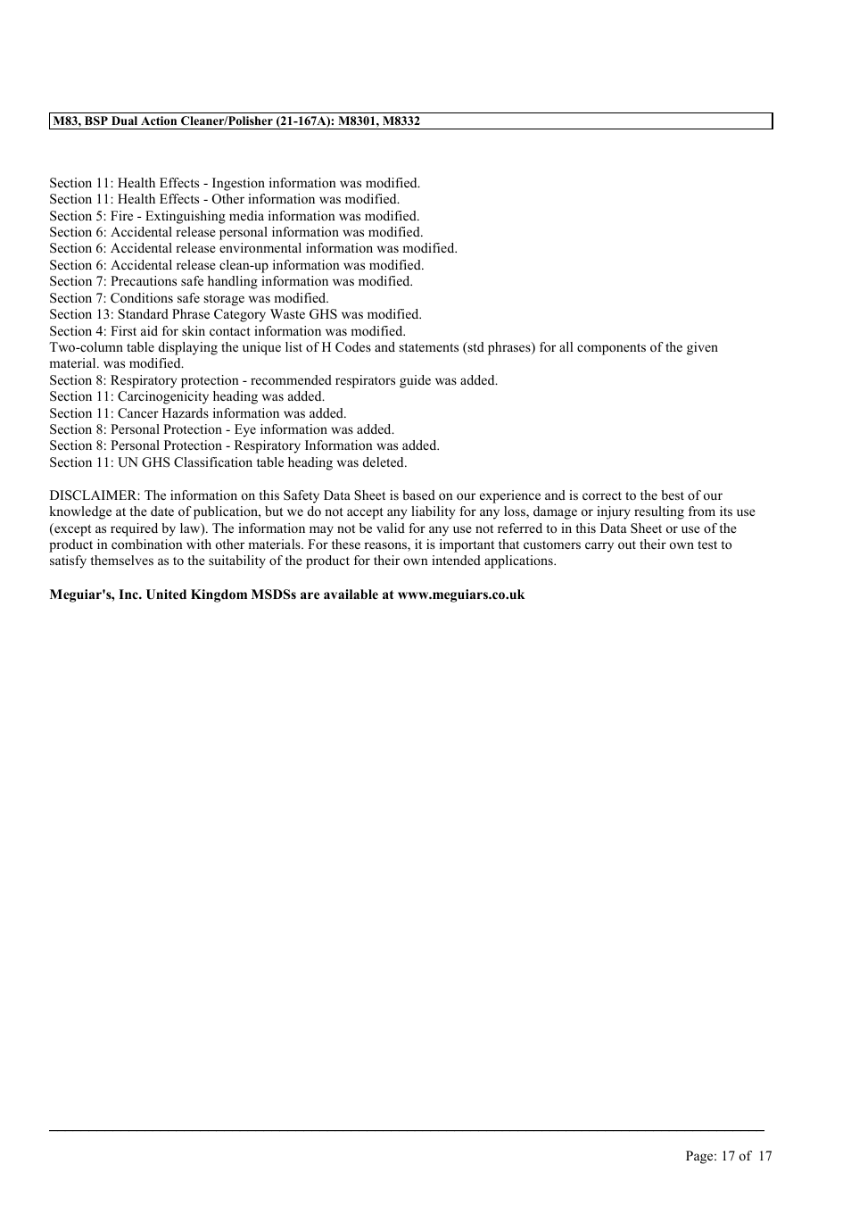 MEGUIAR'S M83 User Manual | Page 17 / 17