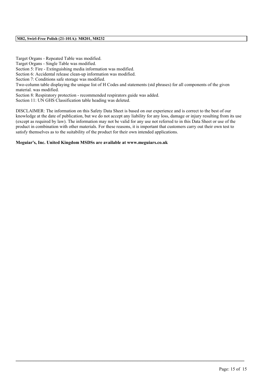 MEGUIAR'S M82 User Manual | Page 15 / 15