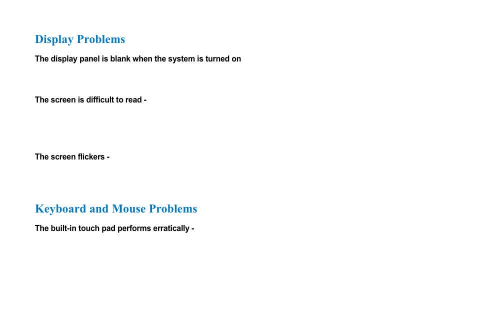 Display problems, Keyboard and mouse problems | AVERATEC 2700 Series User Manual | Page 67 / 78