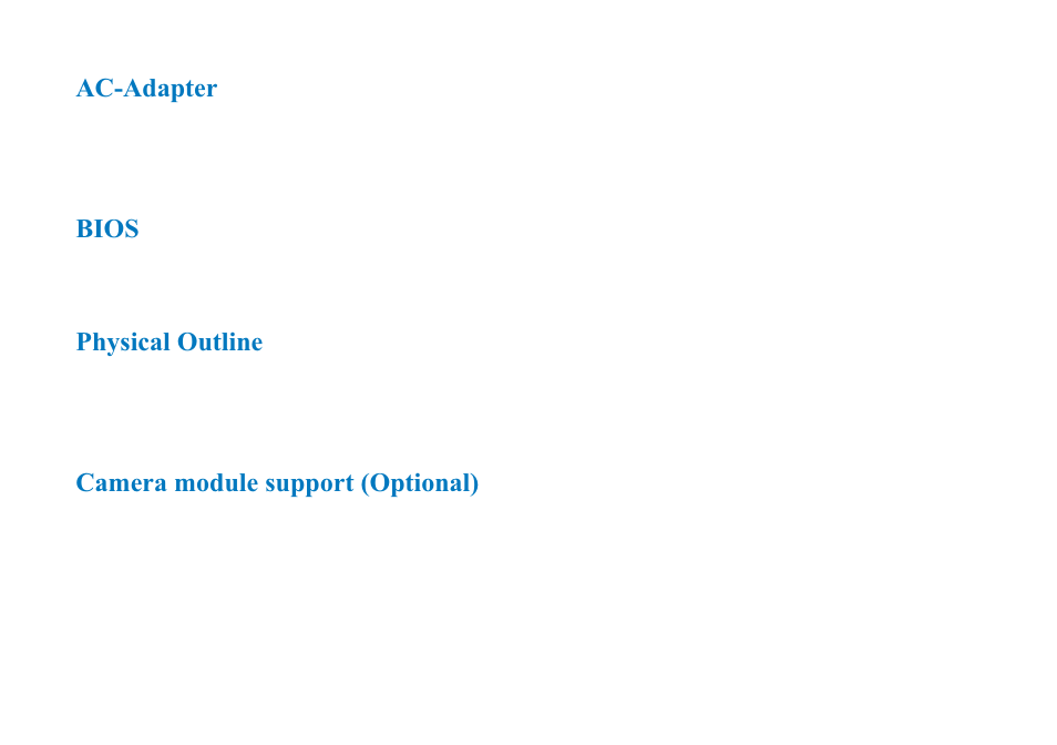 Ac-adapter, Bios, Physical outline | Camera module support (optional) | AVERATEC 2700 Series User Manual | Page 77 / 78