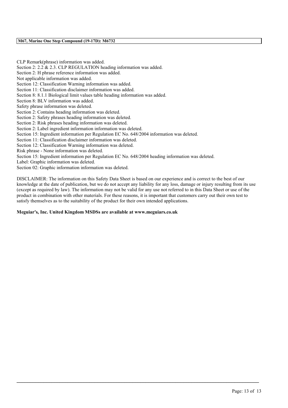 MEGUIAR'S M67 User Manual | Page 13 / 13