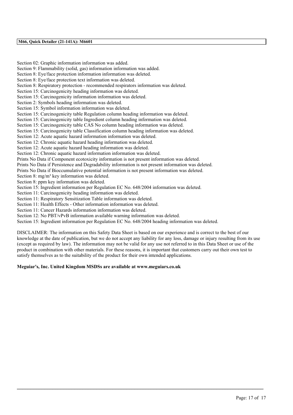 MEGUIAR'S M66 User Manual | Page 17 / 17