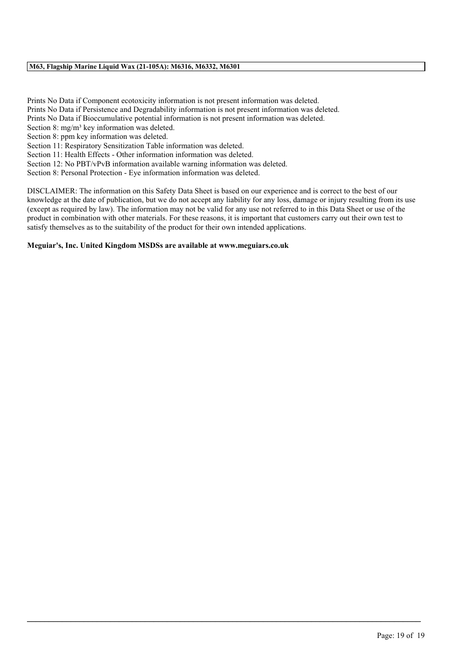 MEGUIAR'S M63 User Manual | Page 19 / 19
