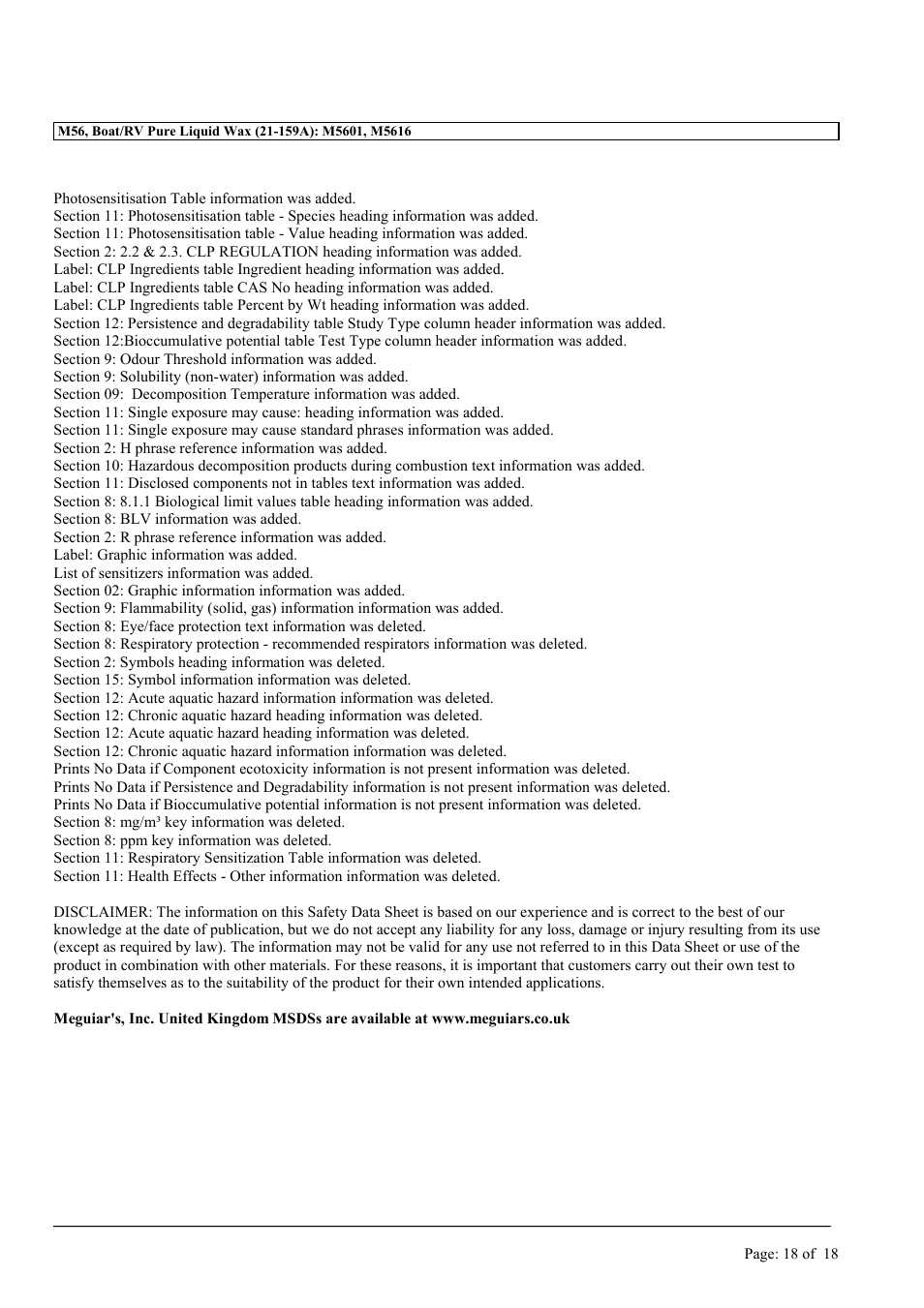 MEGUIAR'S M56 User Manual | Page 18 / 18