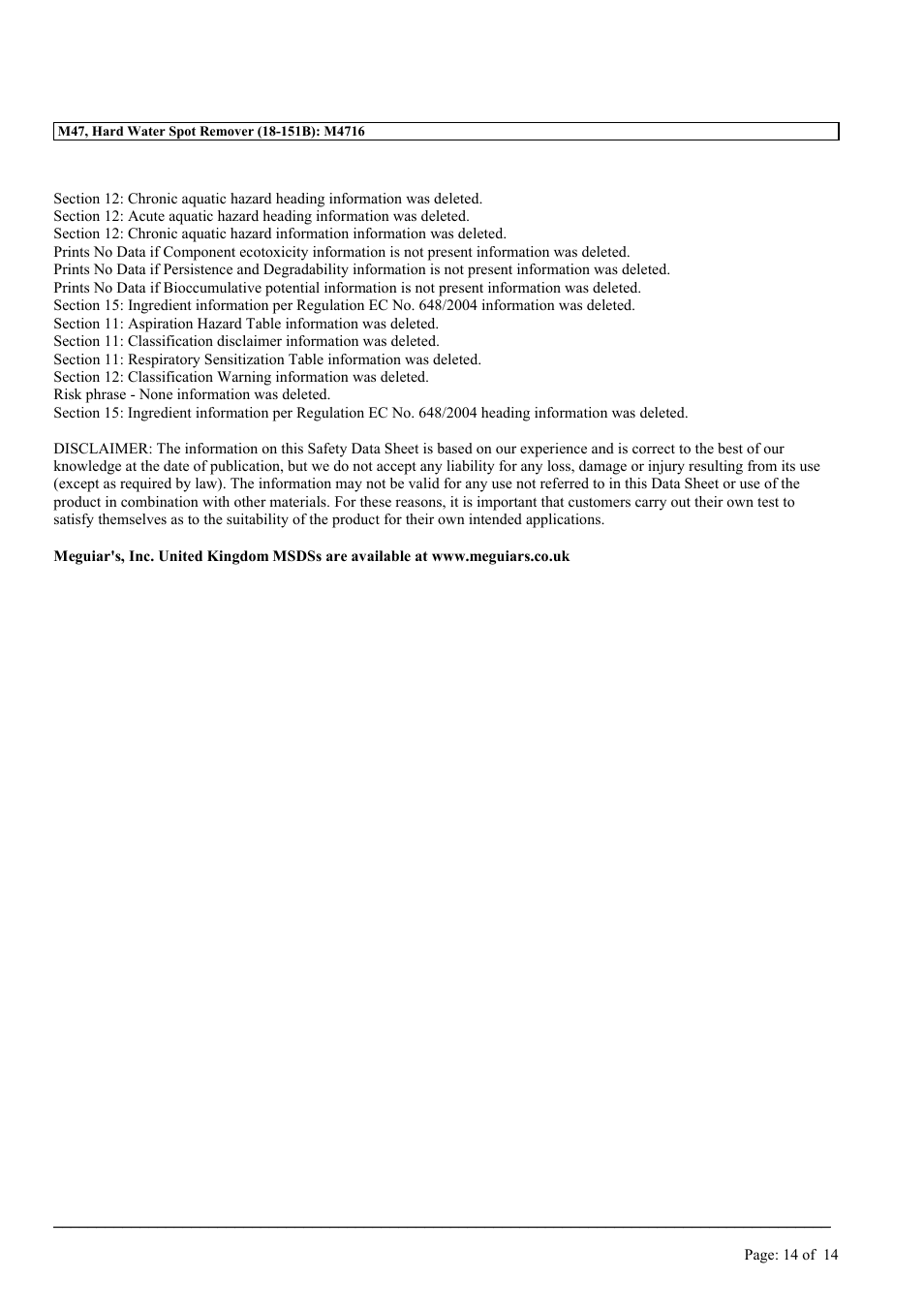 MEGUIAR'S M47 User Manual | Page 14 / 14