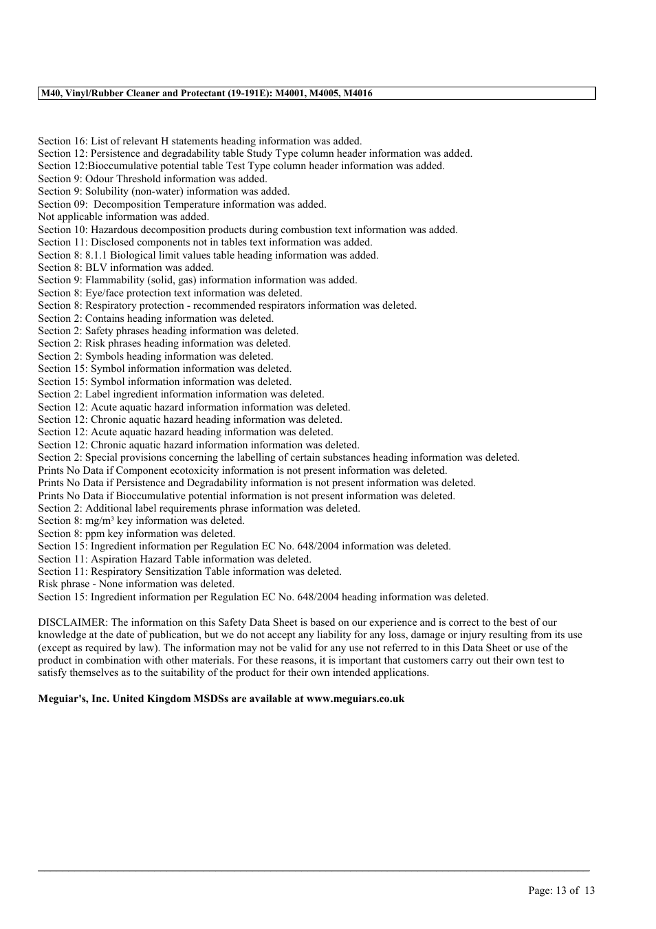 MEGUIAR'S M40 User Manual | Page 13 / 13