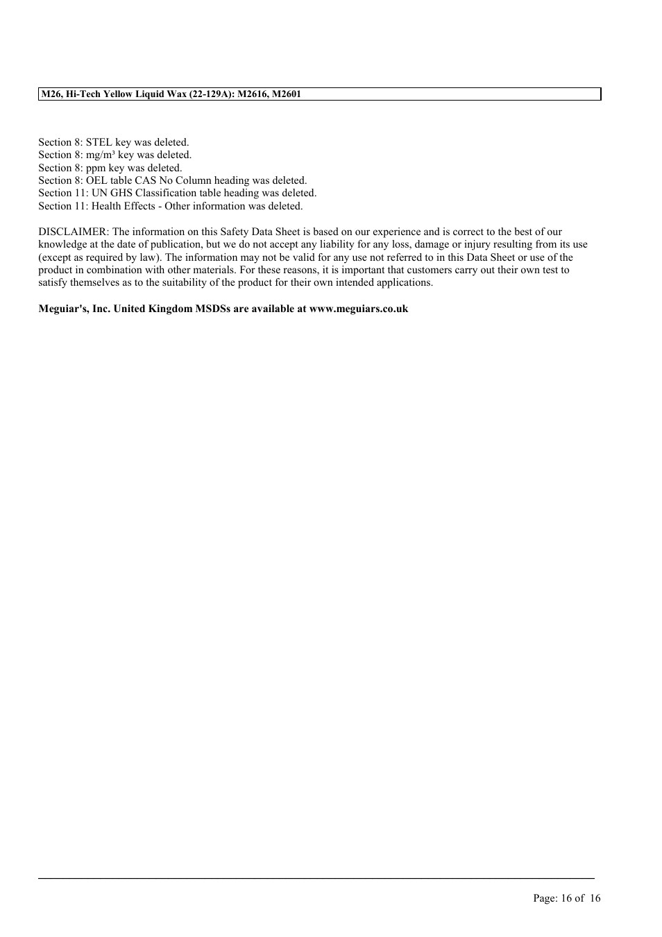 MEGUIAR'S M26 User Manual | Page 16 / 16