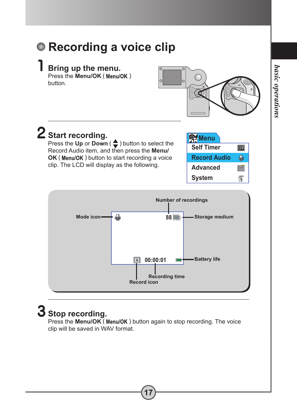 Recording a voice clip, Basic operations 17, Bring up the menu | Start recording | AIPTEK Pocket DV 5300 User Manual | Page 18 / 57