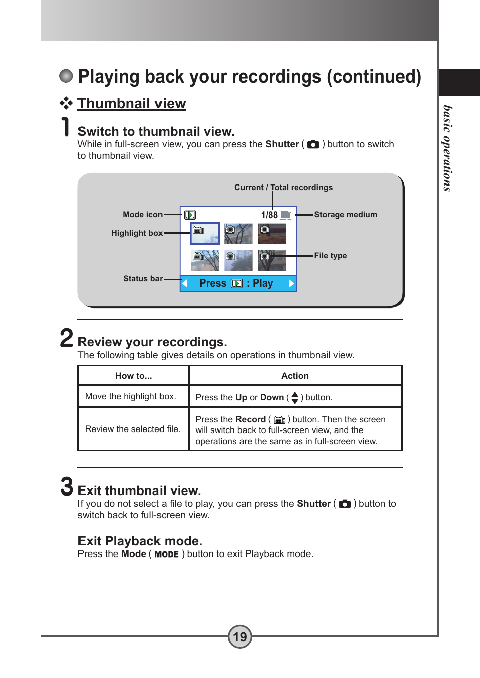 Playing back your recordings ( continued), Thumbnail view, Playing back your recordings (continued) | Basic operations 19, Switch to thumbnail view, Review your recordings | AIPTEK Pocket DV 5300 User Manual | Page 20 / 57