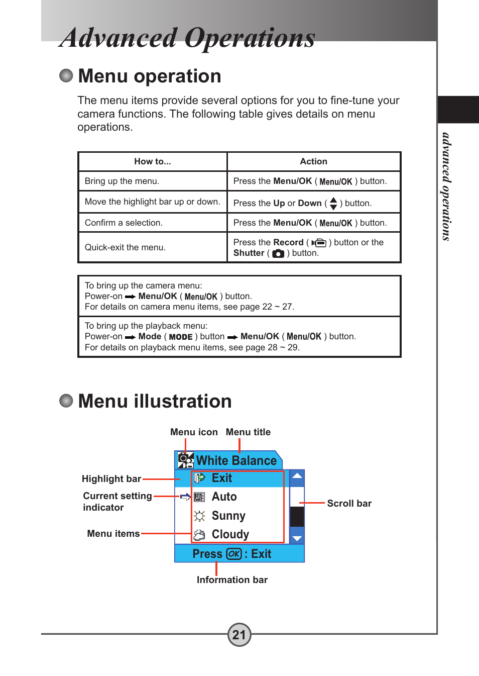 Advanced operations, Menu operation, Menu illustration | Advanced operations 21, White balance | AIPTEK Pocket DV 5300 User Manual | Page 22 / 57