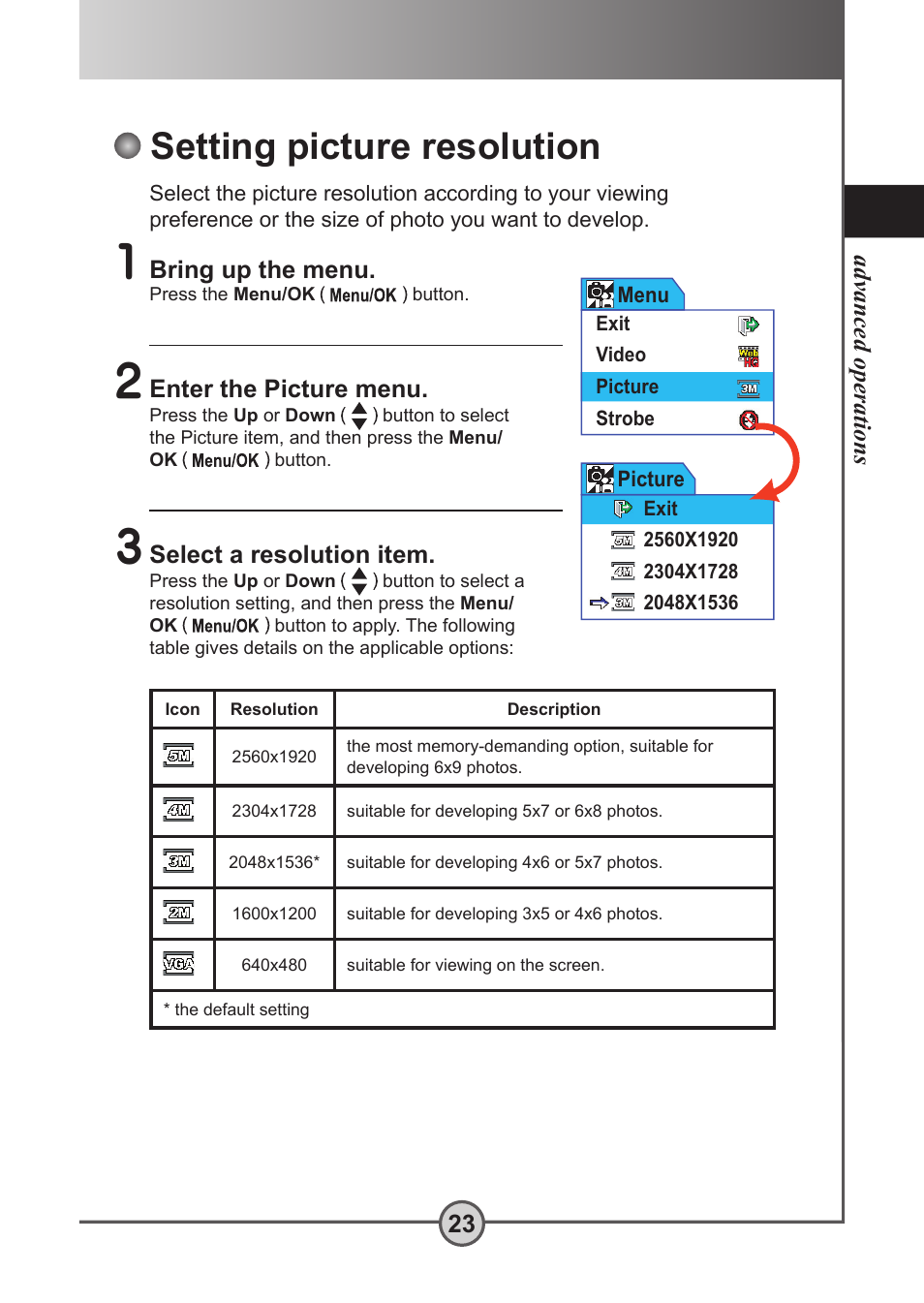 Setting picture resolution, Advanced operations 23, Bring up the menu | Enter the picture menu | AIPTEK Pocket DV 5300 User Manual | Page 24 / 57