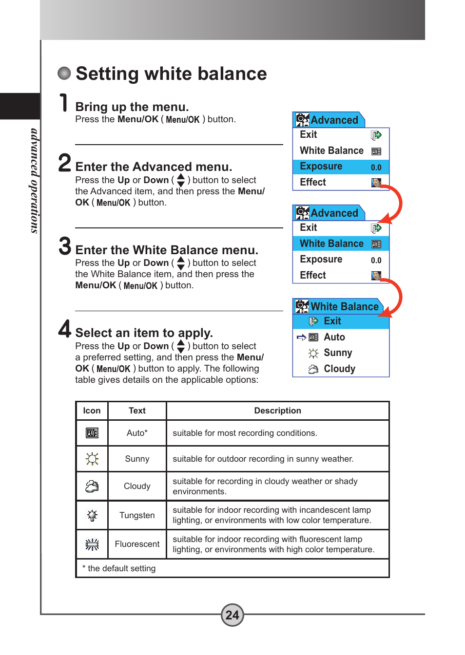 Setting white balance, Advanced operations 24, Bring up the menu | Enter the advanced menu | AIPTEK Pocket DV 5300 User Manual | Page 25 / 57