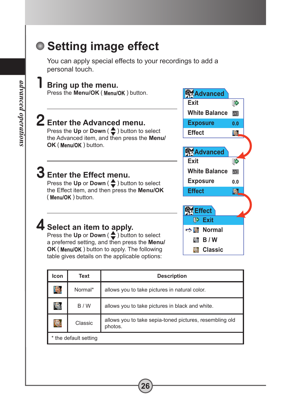 Setting image effect, Advanced operations 26, Bring up the menu | Enter the advanced menu | AIPTEK Pocket DV 5300 User Manual | Page 27 / 57