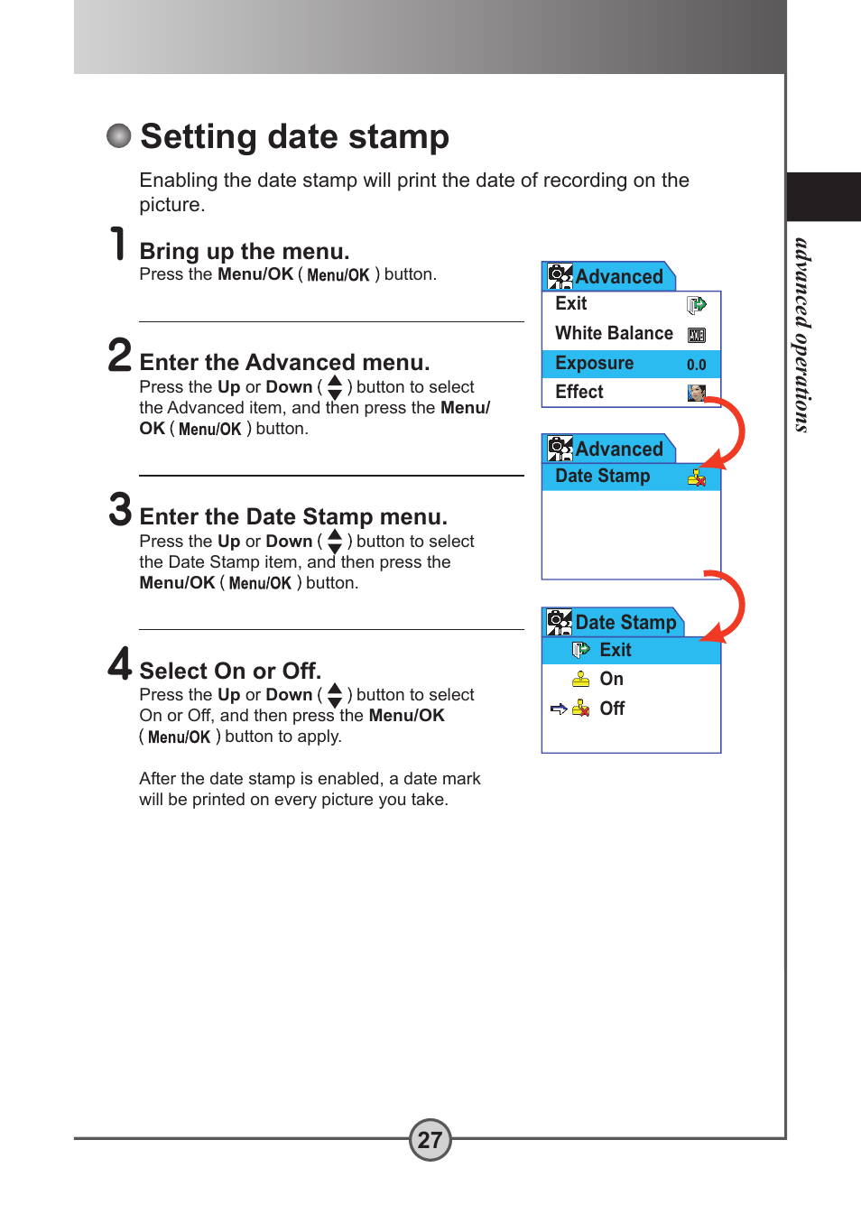 Setting date stamp | AIPTEK Pocket DV 5300 User Manual | Page 28 / 57