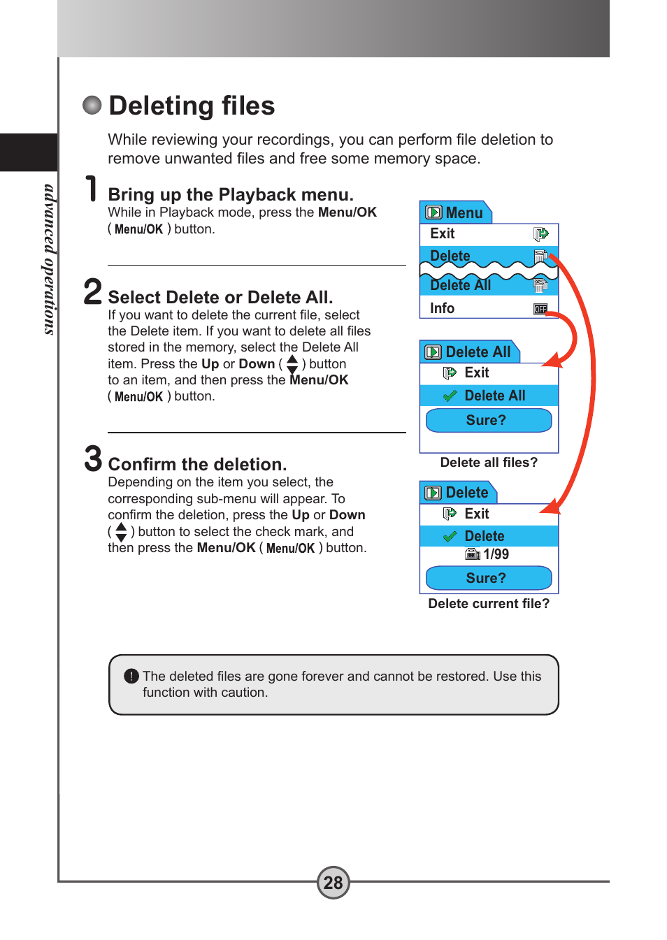 Deleting files, Deleting ﬁles, Advanced operations 28 | Bring up the playback menu, Select delete or delete all | AIPTEK Pocket DV 5300 User Manual | Page 29 / 57