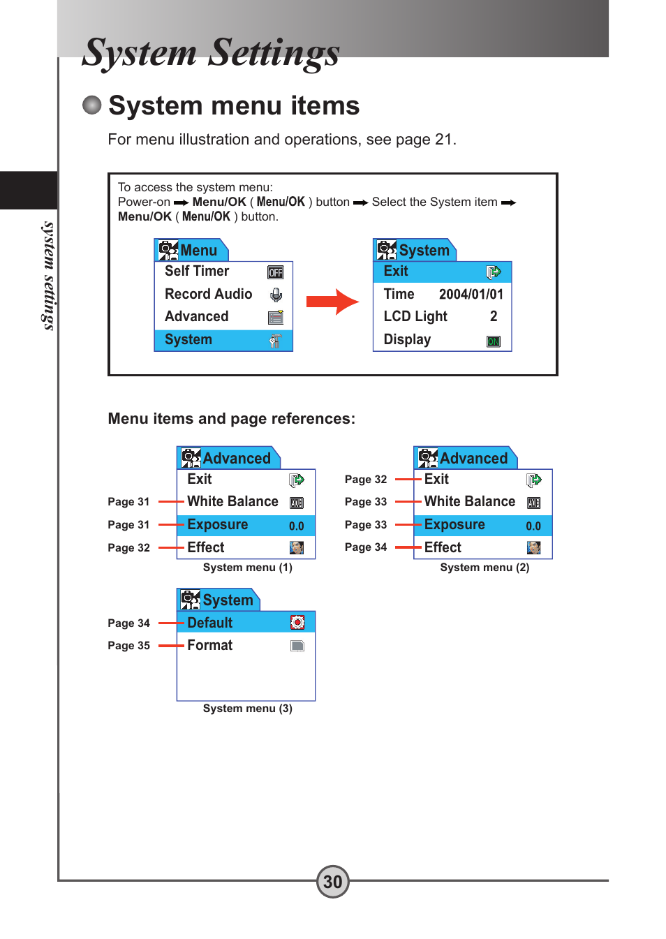 System settings, System menu items, System settings 30 | AIPTEK Pocket DV 5300 User Manual | Page 31 / 57